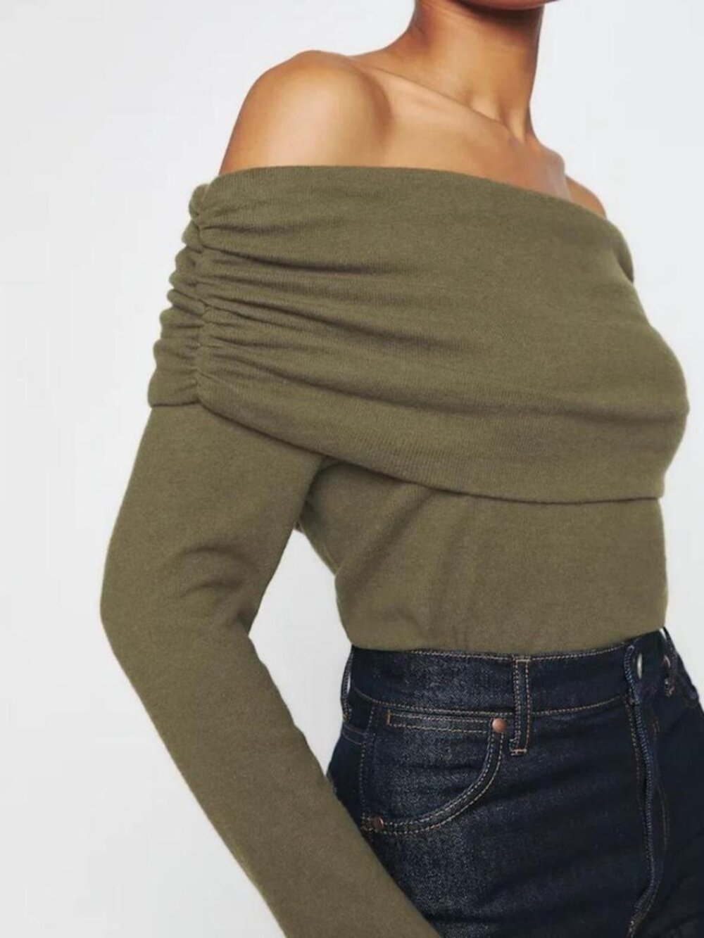 Reformation Azura Knit Off Shoulder Top Olive Green Small